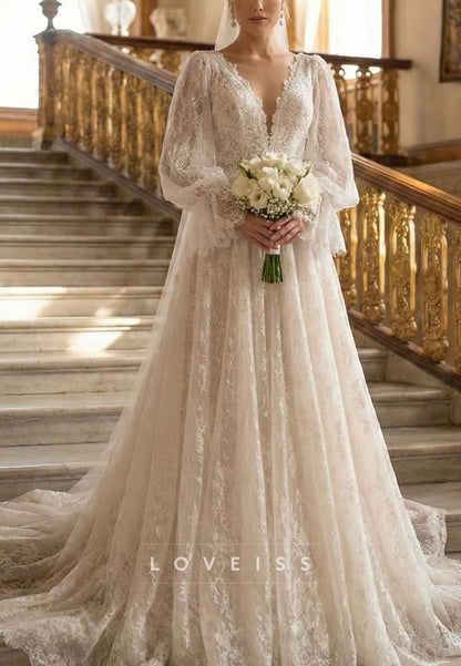 A-Line Lace Wedding Dress with Bishop Sleeves