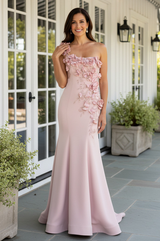 One Shoulder 3D Floral Applique Mermaid Gown