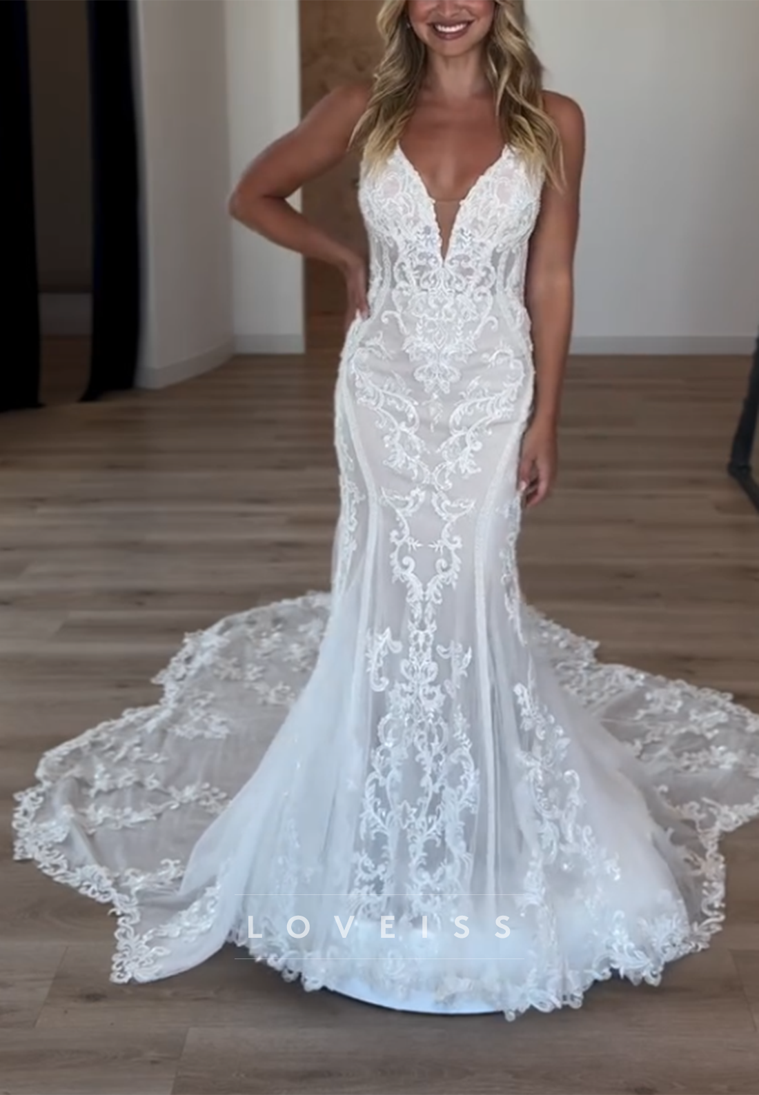 Lace Deep V-Neck Mermaid Wedding Dress with Train