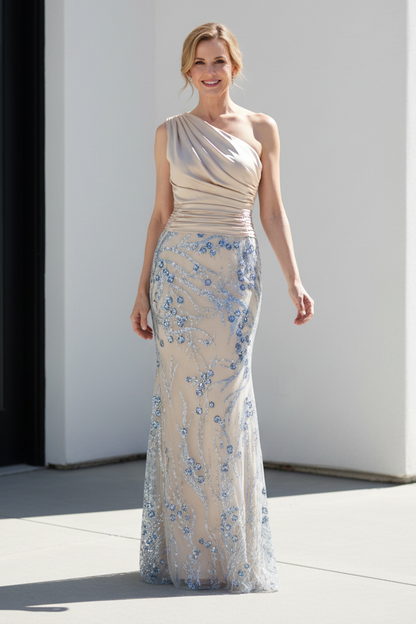 One-Shoulder Ruched Sequin Evening Gown