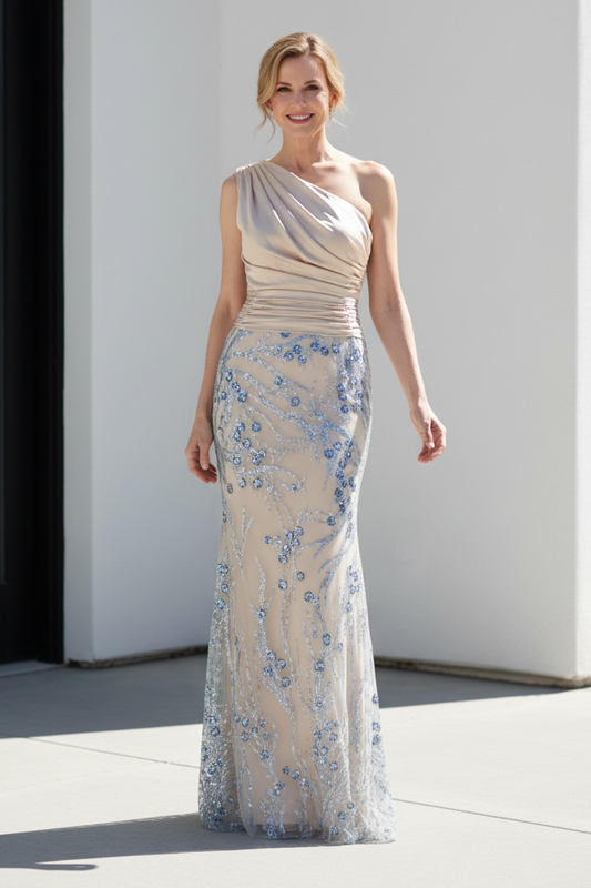 One-Shoulder Ruched Sequin Evening Gown