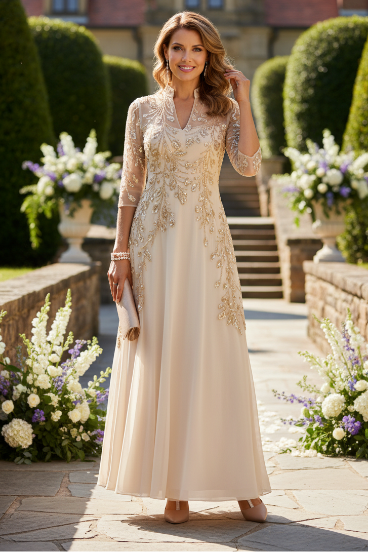 A-Line 3/4 Sleeve Mother of the Bride Dress