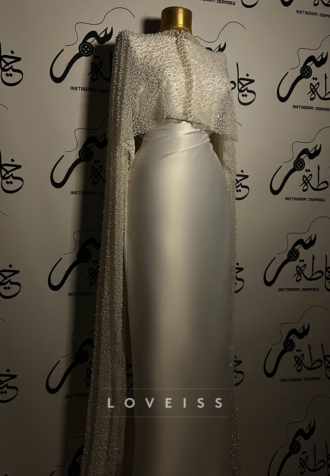 Pearl Beaded High-Neck Cape Sleeve Satin Mermaid Gown