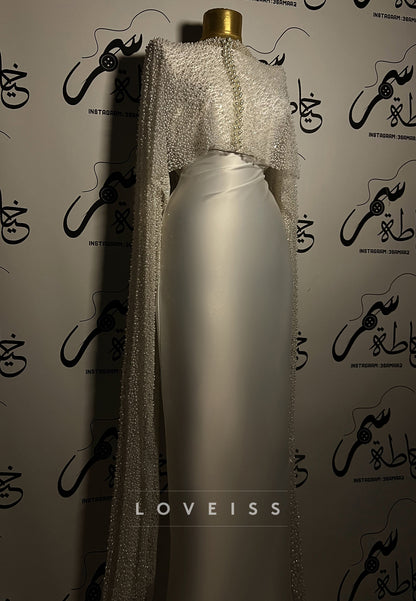 Pearl Beaded High-Neck Cape Sleeve Satin Mermaid Gown