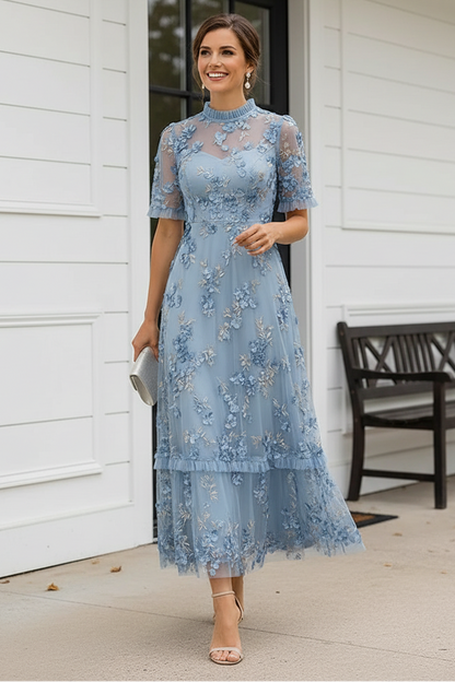 3D Floral Applique High Neck Tiered Midi Dress