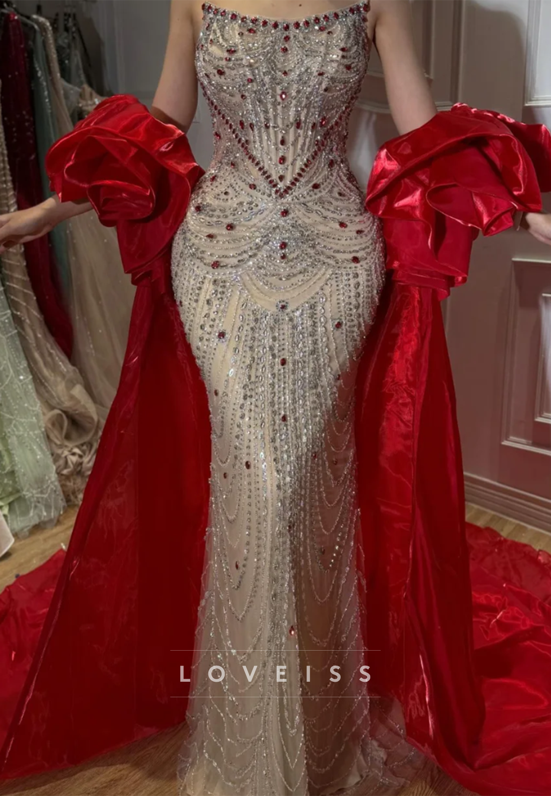 Beaded Mermaid Gown with Detachable Velvet Cape Sleeves