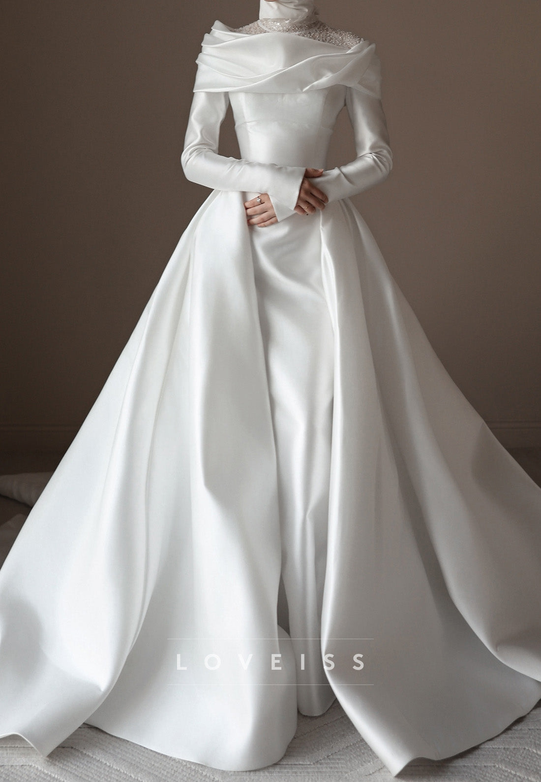 Satin Long Sleeve Wedding Dress with Draped Neckline