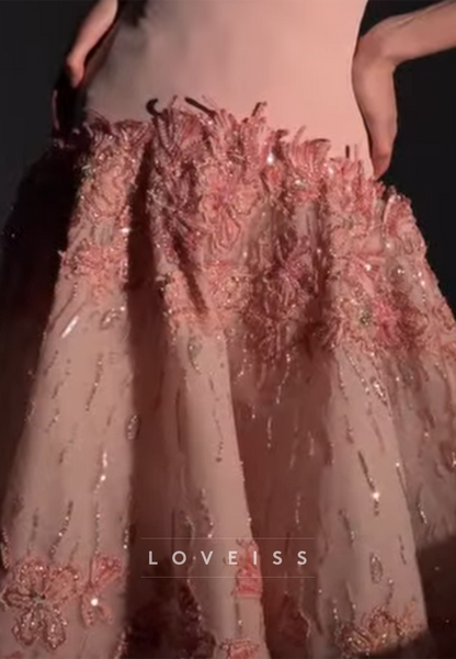 Strapless Sequin Floral A-Line Gown with Dropped Waist