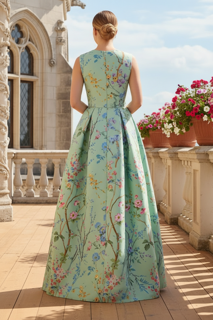 Sleeveless Floral A-Line Ball Gown with Pockets