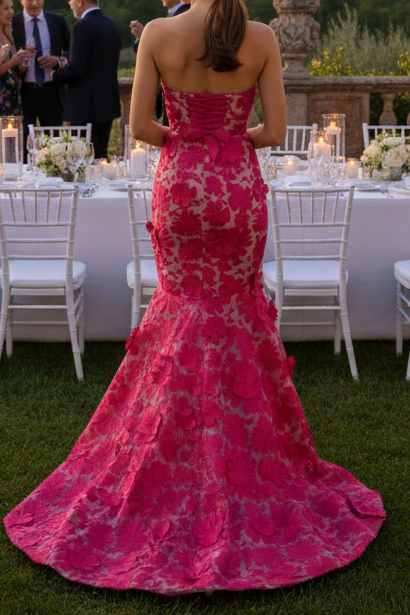 Strapless Floral Applique Mermaid Evening Gown
