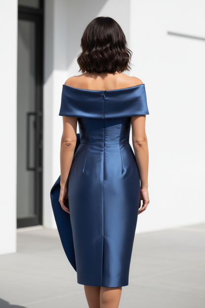 Off-the-Shoulder Satin Midi Dress with 3D Flower