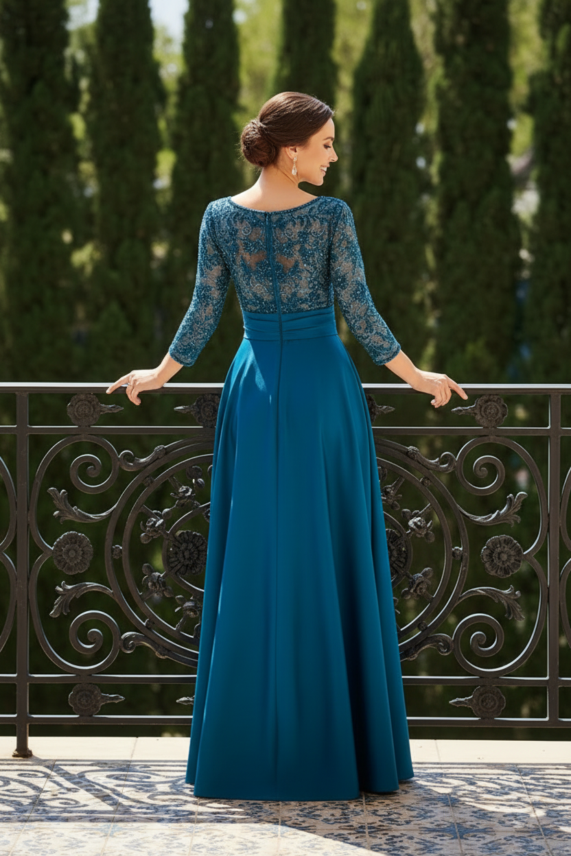 Beaded Lace Evening Gown with Bow Waist