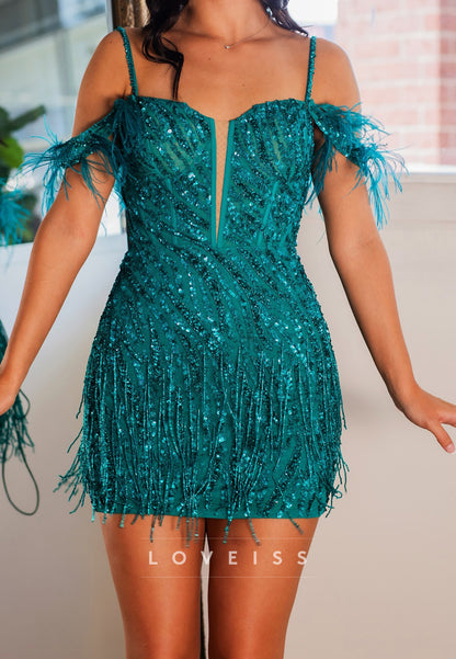 Sequin Fringe Mini Dress with Feathers