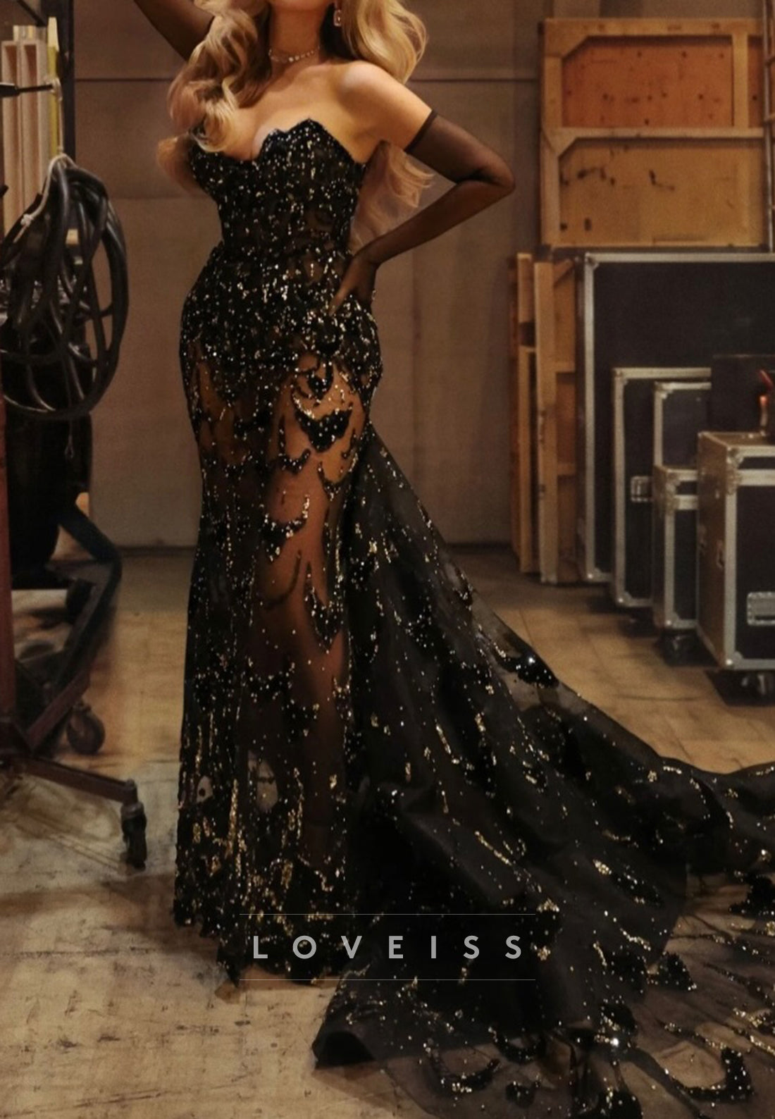 Strapless Corset Sequin Evening Gown with Train