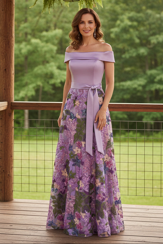 Off-the-Shoulder Floral Embroidered A-Line Gown
