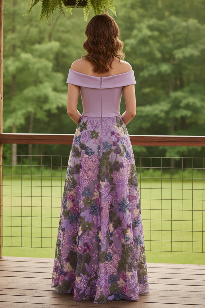 Off-the-Shoulder Floral Embroidered A-Line Gown