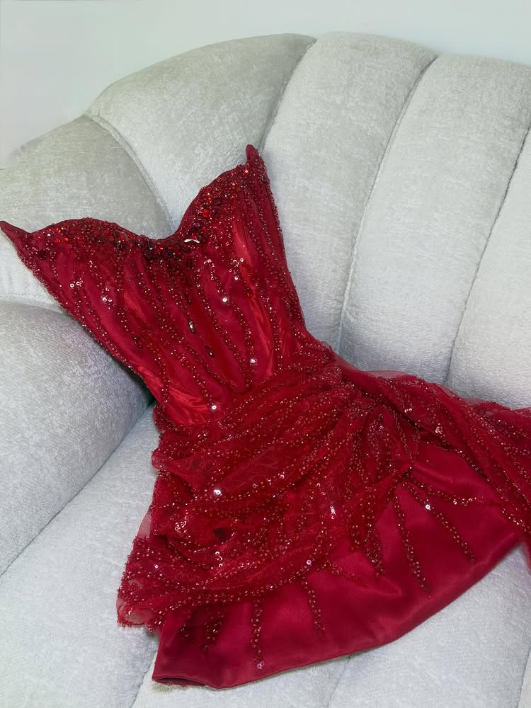Strapless Beaded Sequin Mini Dress with Side Drape