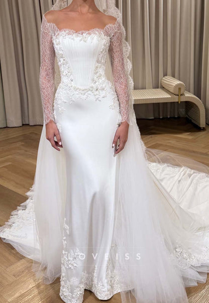 Off-the-Shoulder Lace Sleeve Corset Wedding Dress