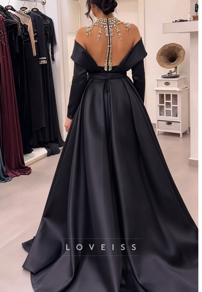 Off-Shoulder Gown with Embellished Illusion Neck