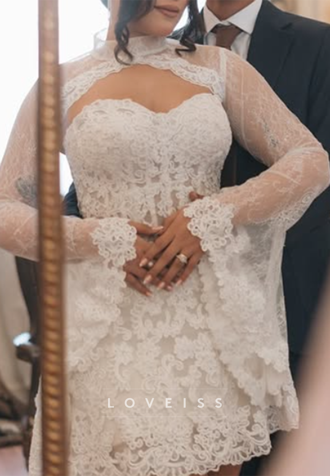 Lace Mini Dress with Bell Sleeves and Keyhole
