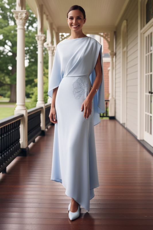 Draped Cape Sleeve Asymmetrical Hem Evening Gown