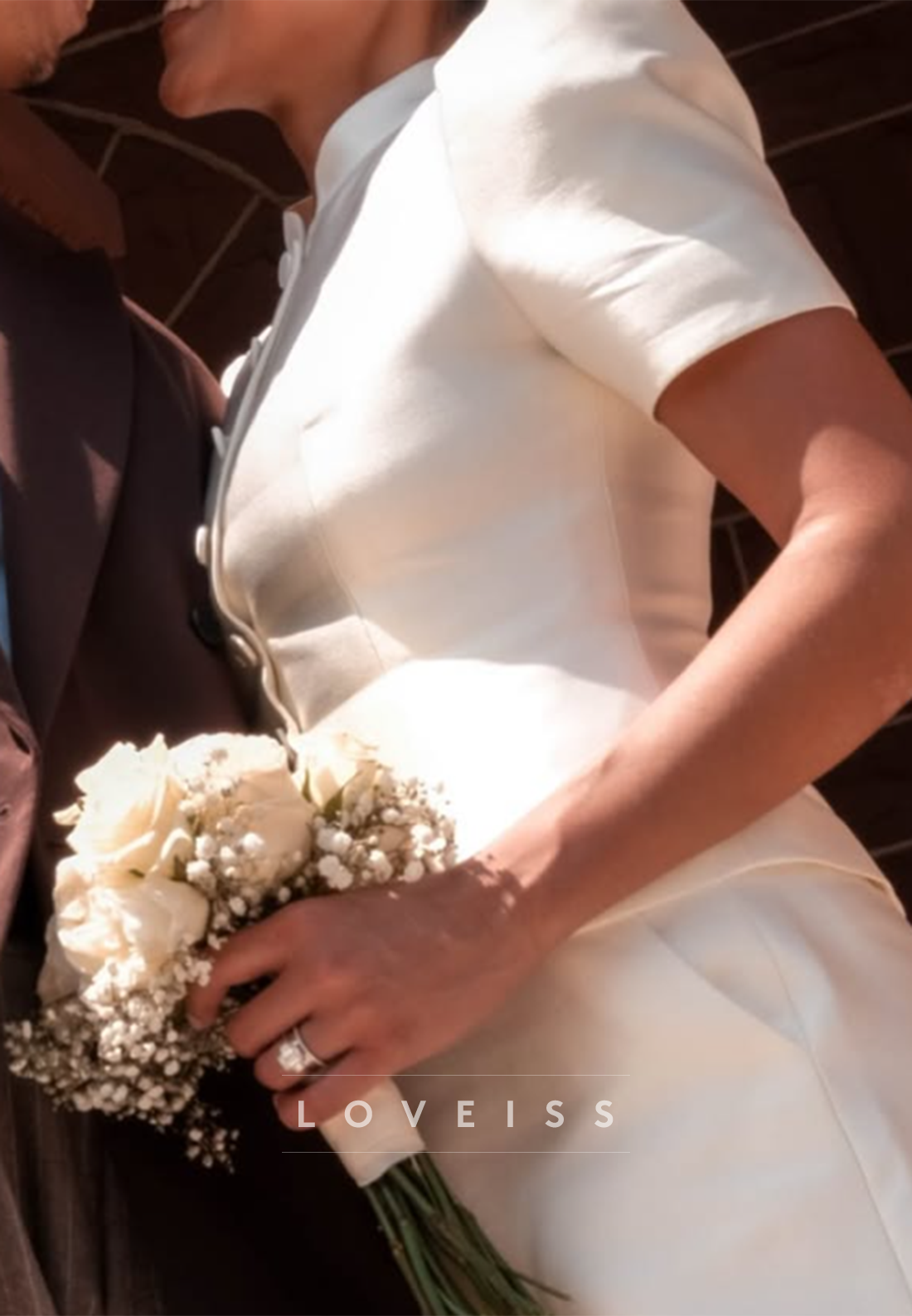 Short Sleeve Buttoned Mini Wedding Dress