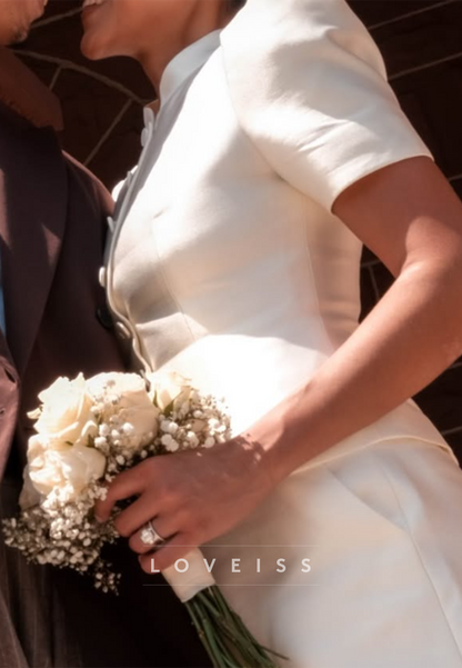Short Sleeve Buttoned Mini Wedding Dress
