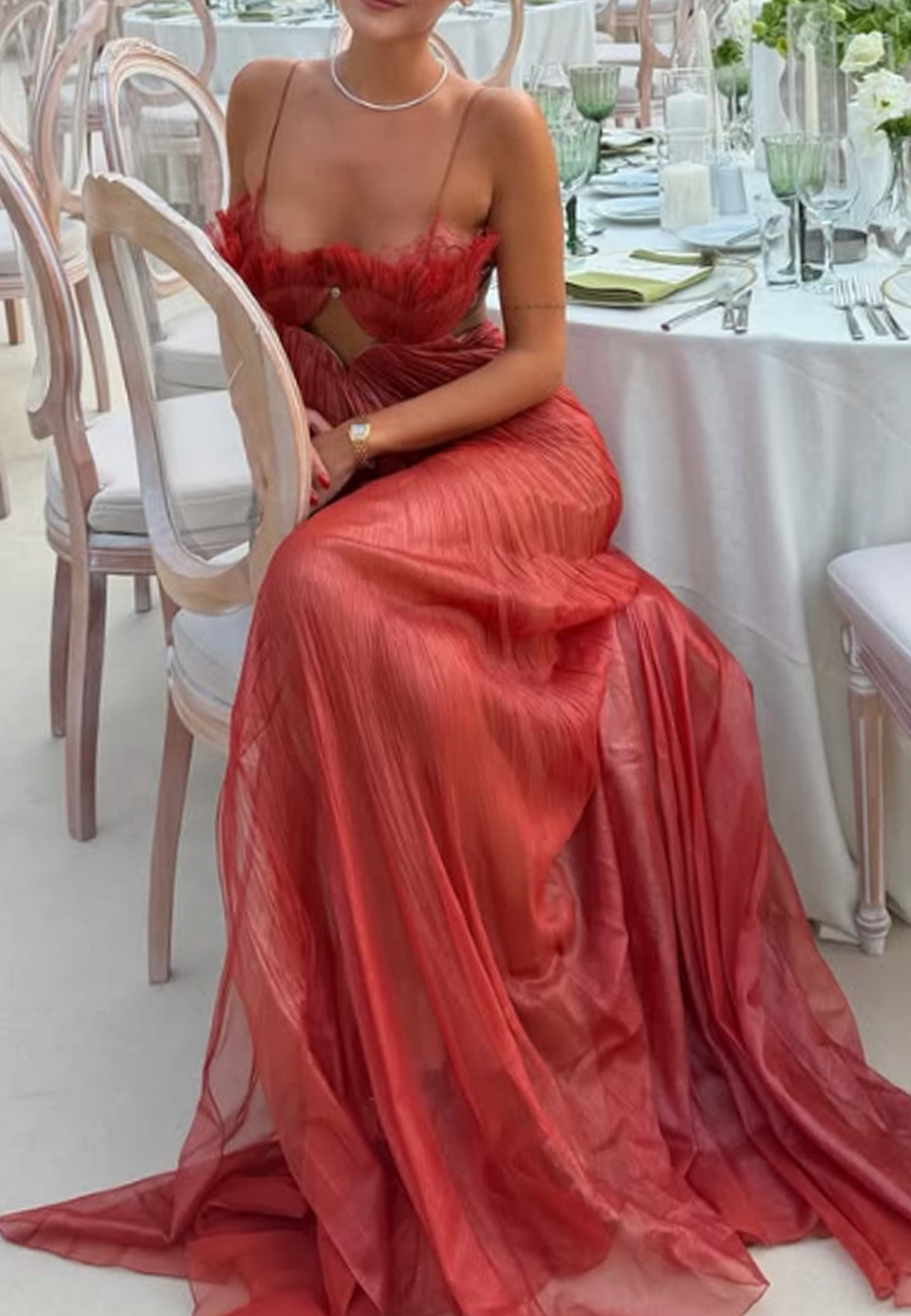 Pleated Cut-Out Maxi Gown with Spaghetti Straps