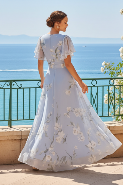 Floral Print Flutter Sleeve A-Line Maxi Dress