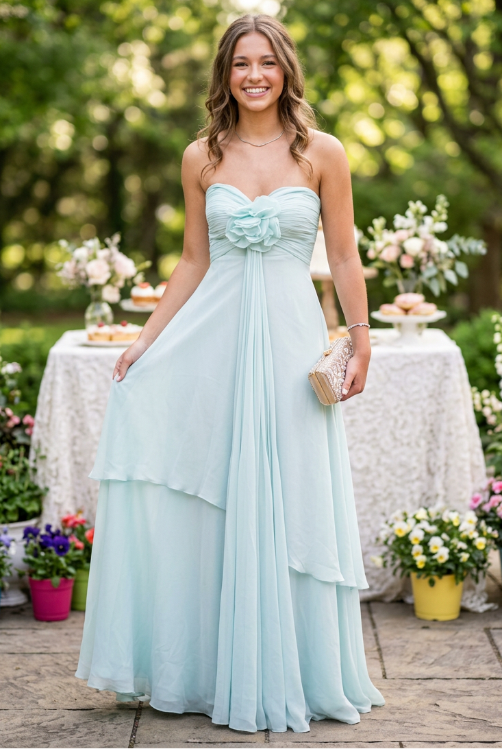 Strapless Pleated Gown with 3D Floral Detail