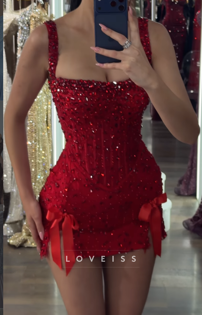 Beaded Corset Mini Dress with Slit Bows