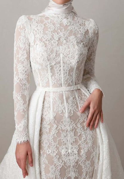 High Neck Lace Wedding Dress with Overskirt