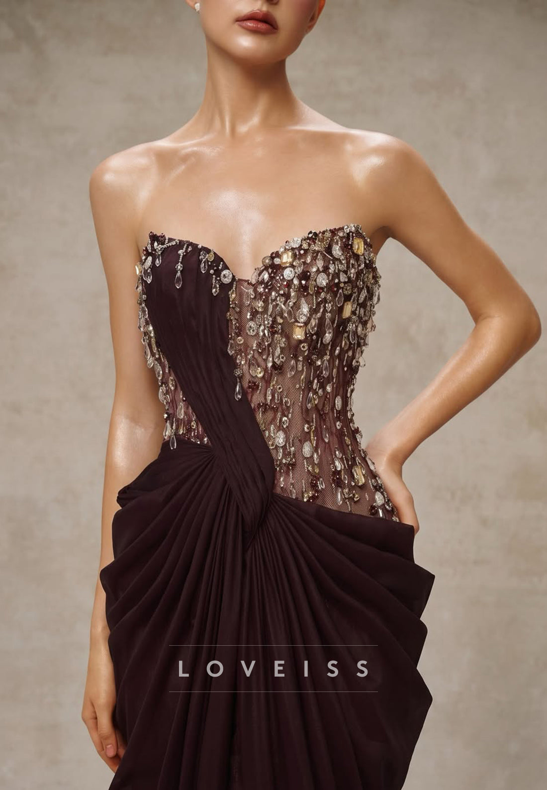 Strapless Beaded Corset Drape Gown