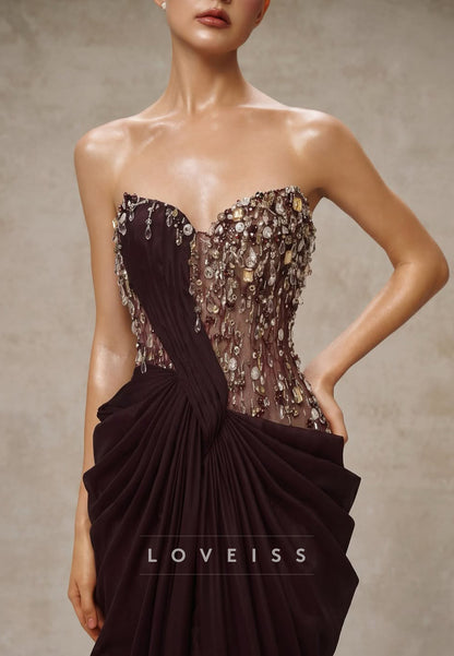 Strapless Beaded Corset Drape Gown