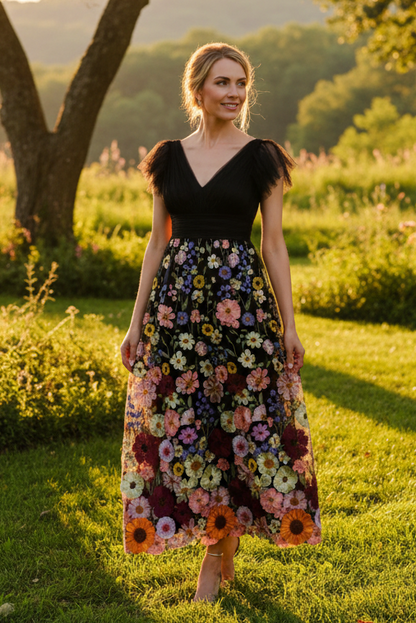 Floral Embroidered Flutter Sleeve Midi Dress