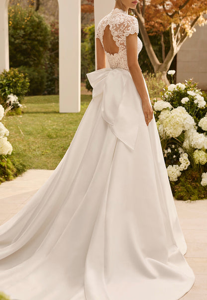 Lace High Neck A-Line Wedding Dress with Bow