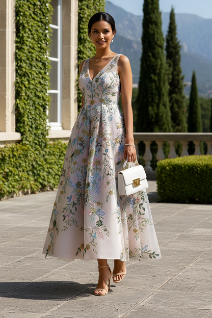Floral Embroidered V-Neck Tea-Length A-Line Dress