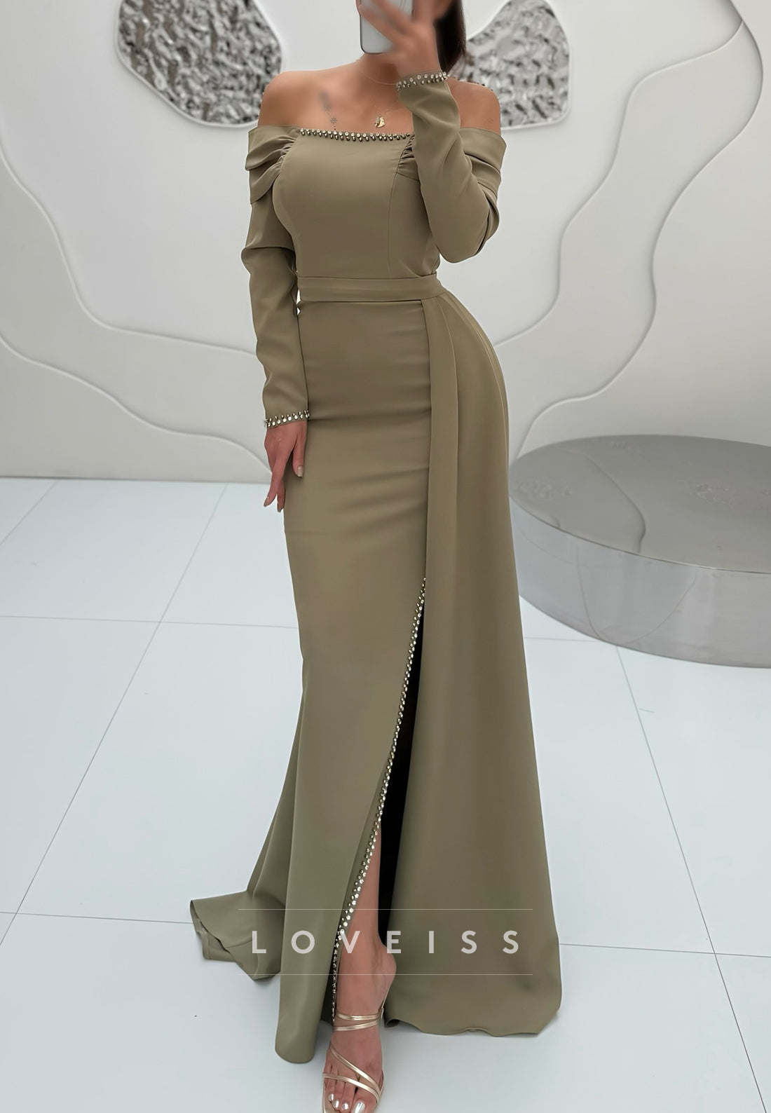 Off Shoulder Long Sleeve Mermaid Gown with Slit