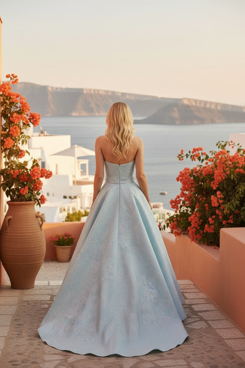 Strapless High-Low Jacquard Dress with Pockets