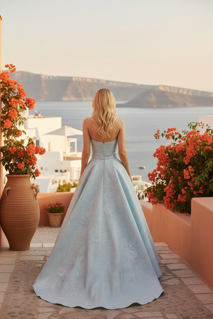 Strapless High-Low Jacquard Dress with Pockets