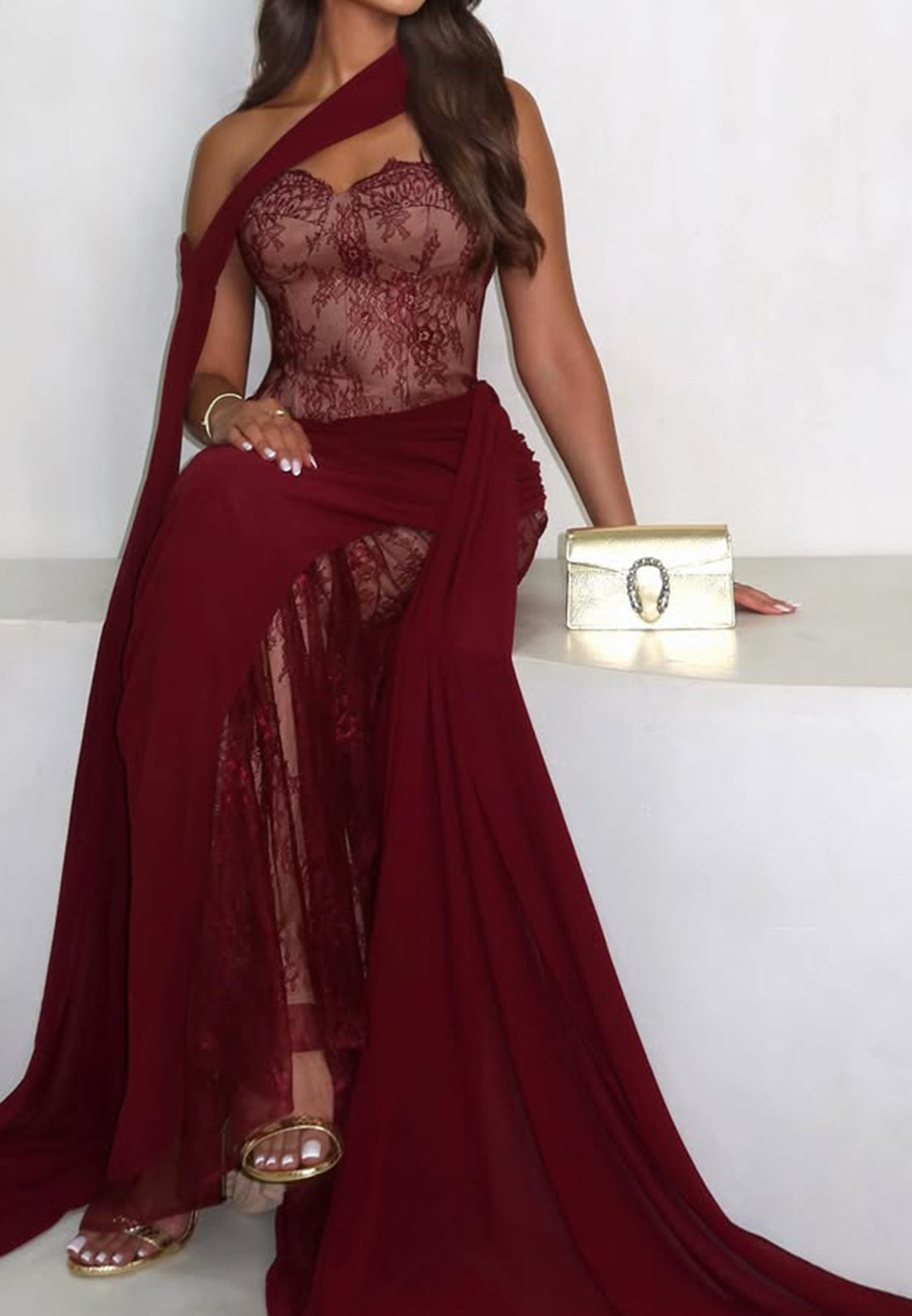 Lace Corset Evening Gown with Draped Scarf