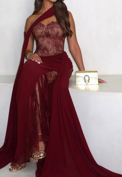 Lace Corset Evening Gown with Draped Scarf