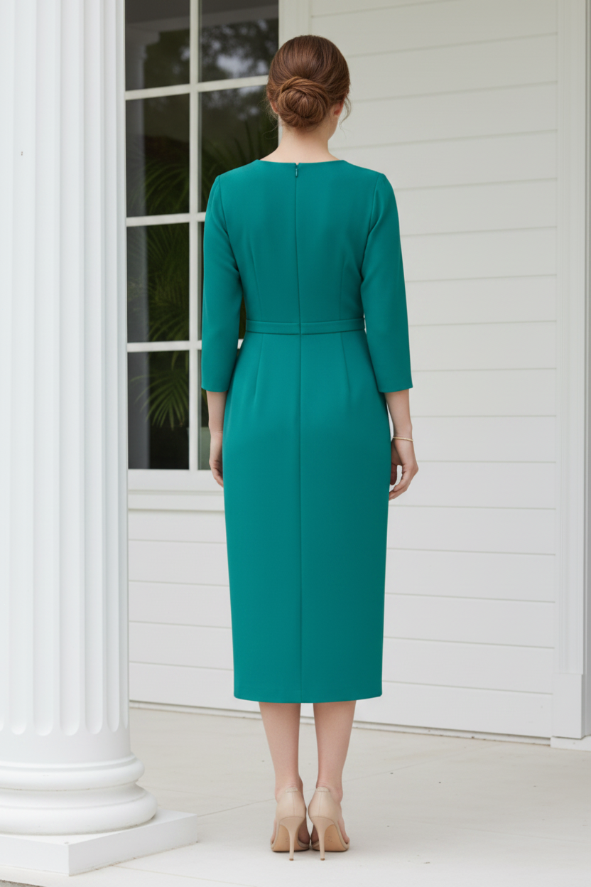 Ruffled Crepe Midi Dress with 3/4 Sleeves