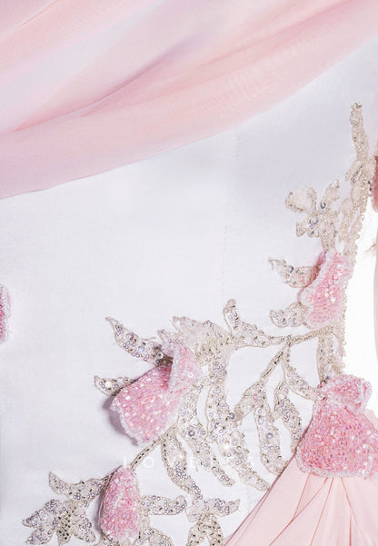 Draped Chiffon Corset Evening Gown with Long Sleeves