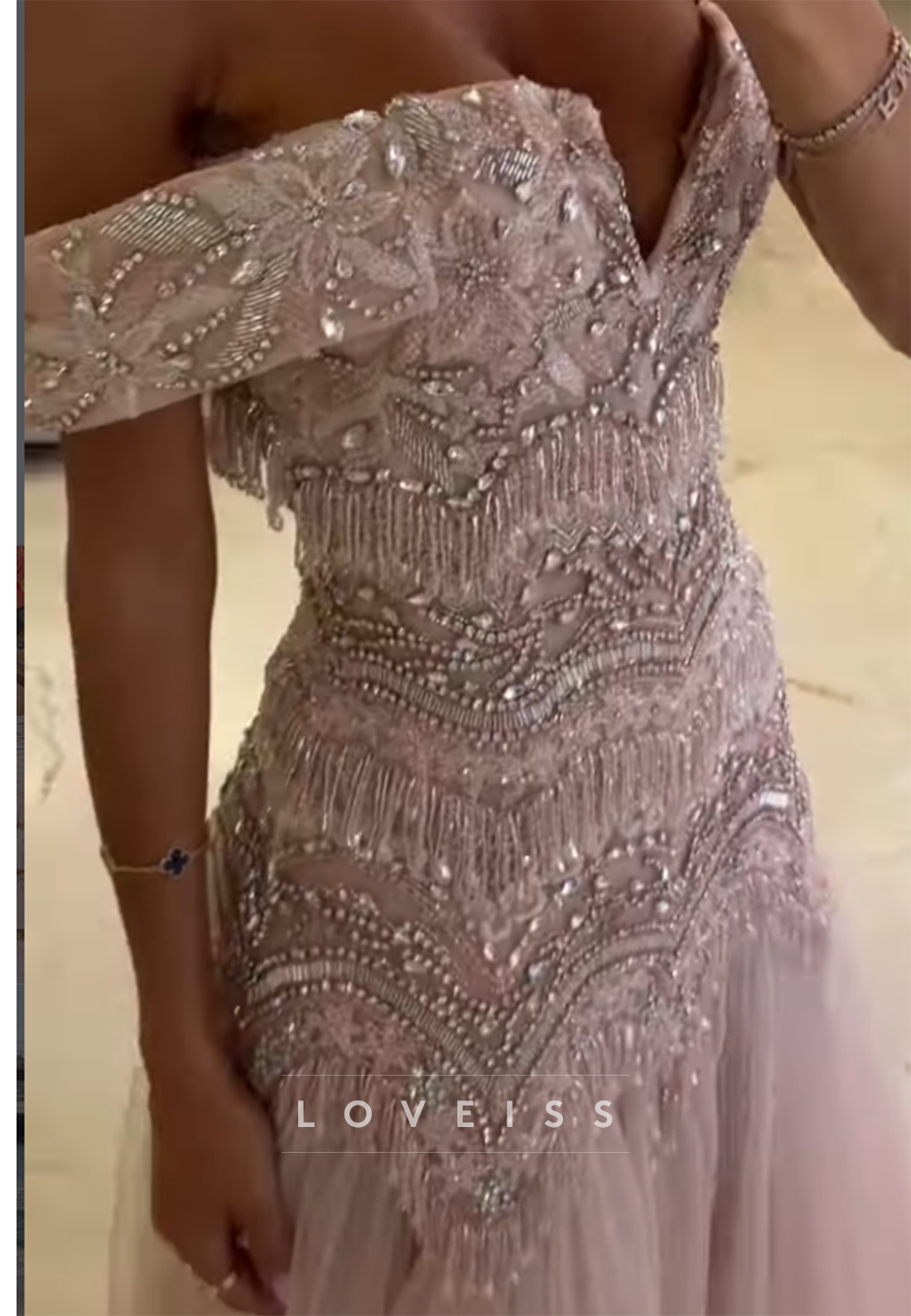 Off-the-Shoulder Beaded Gown with Tulle Train