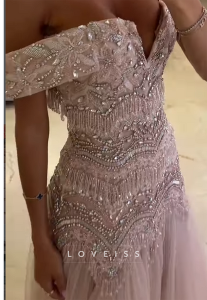 Off-the-Shoulder Beaded Gown with Tulle Train