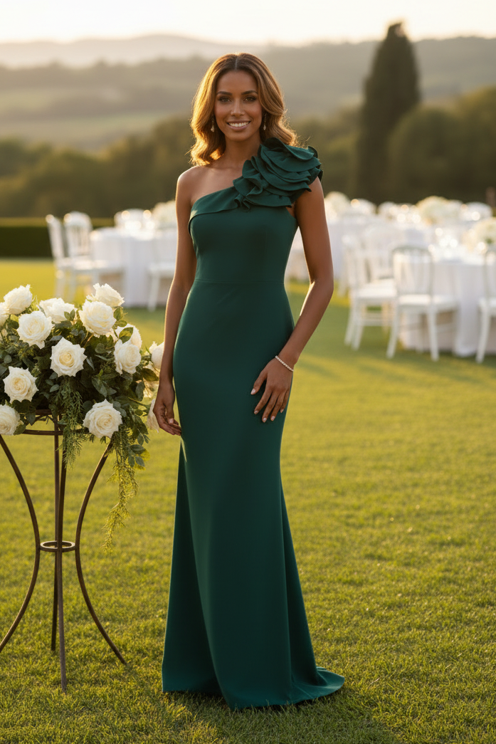 One-Shoulder Ruffle Crepe Evening Gown