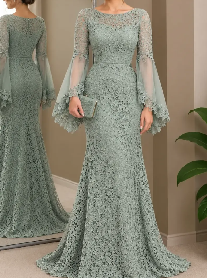 Lace Trumpet Evening Gown with Sheer Bell Sleeves