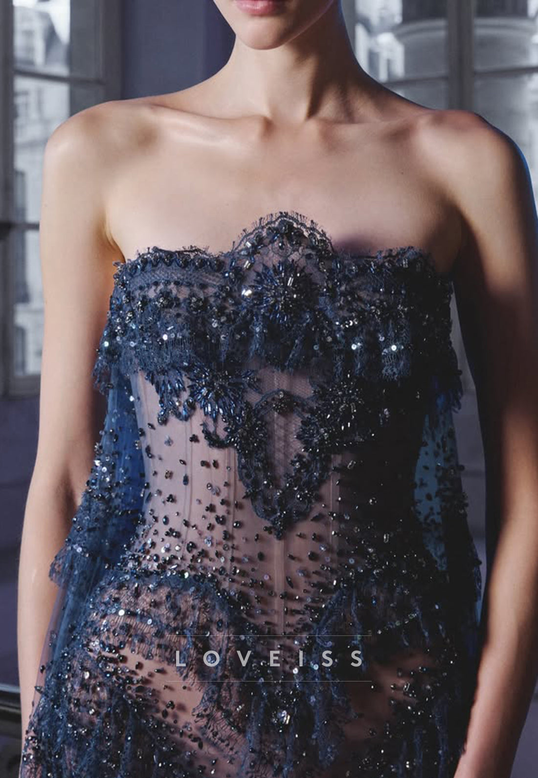 Strapless Sequin Illusion Gown with Cape Train and Slit