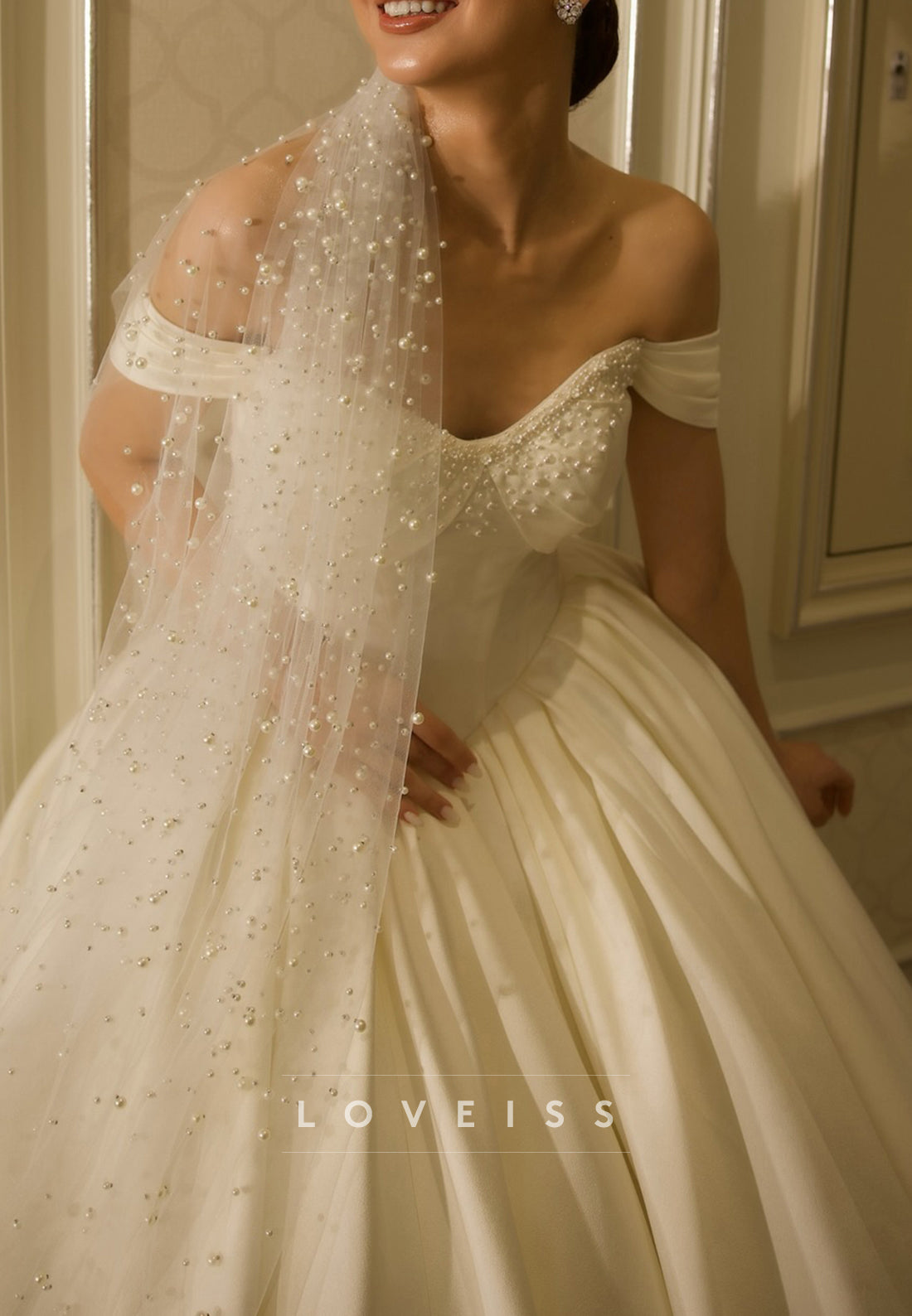Off-Shoulder Beaded Satin Ball Gown Wedding Dress